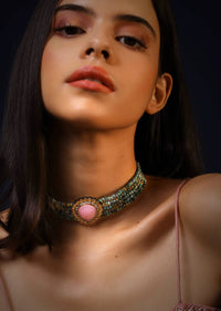 Pink Semi Precious Stone Necklace With Multiple Strands Of Green Agate Beads