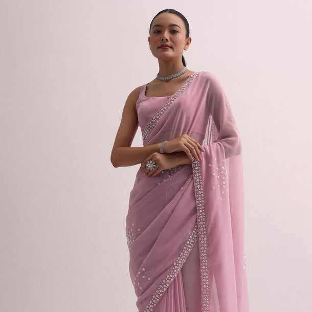 Pink Sequin Saree With Unstitched Blouse