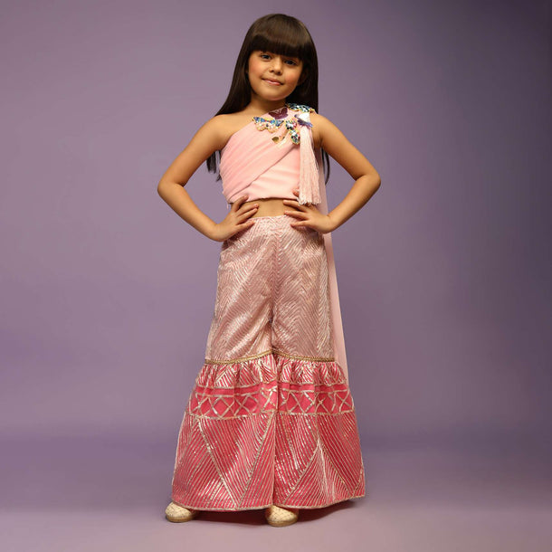 Kalki Girls Pink sharara and crop top suit with 3D butterflies, attached drape and gotta work by fayon kids