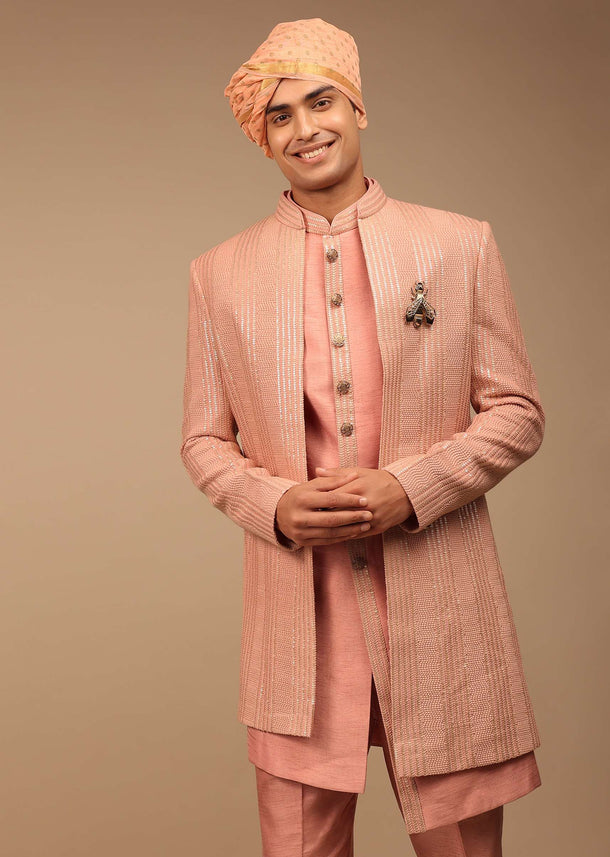 Pink Sherwani With Asymmetric Hemline