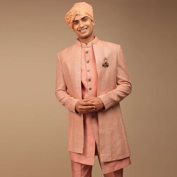 Pink Sherwani With Asymmetric Hemline