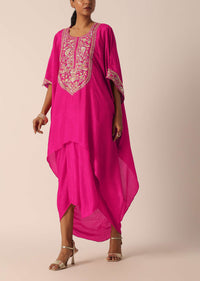 Pink Silk Asymmetric Kurta With Dhoti