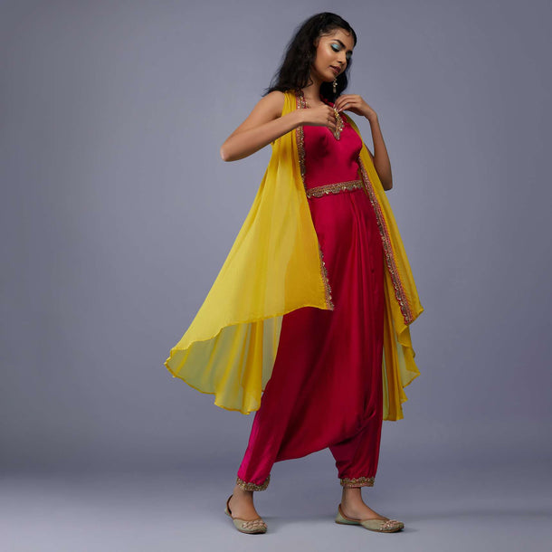 Carmine Red Embroidered Dhoti Jumpsuit With Yellow Organza Shrug