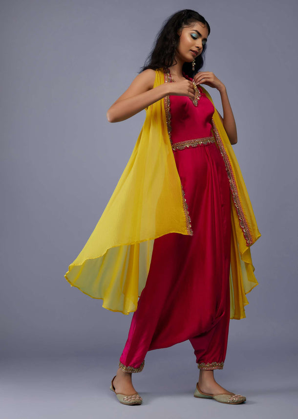 Carmine Red Embroidered Dhoti Jumpsuit With Yellow Organza Shrug