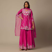 Pink Silk Embroidered Kurta Palazzo Set