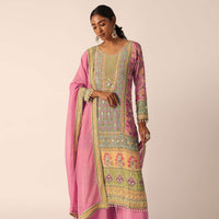 Pink Silk Embroidered Kurta Palazzo Set With Gota Patti