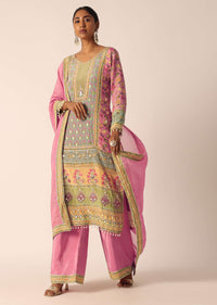 Pink Silk Embroidered Kurta Palazzo Set With Gota Patti