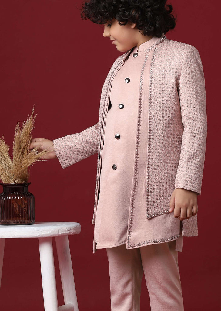 Pink Silk Embroidered Sherwani Set For Boys