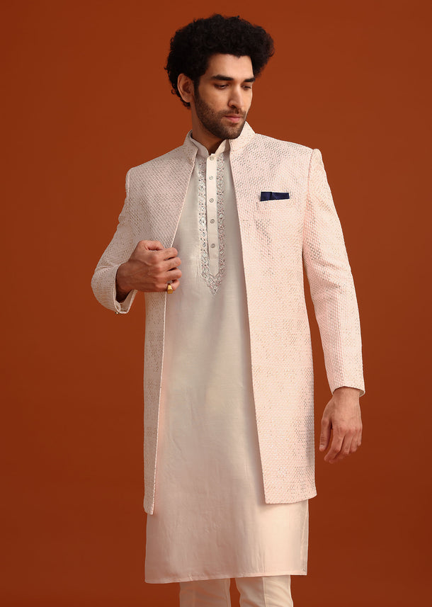 Pink Silk Embroidered Sherwani Set