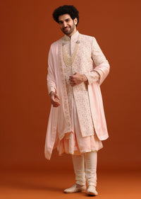 Pink Silk Embroidered Sherwani Set With Dupatta