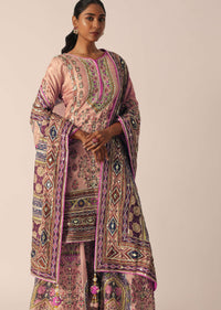 Pink Silk Embroidered Short Kurta Palazzo Set