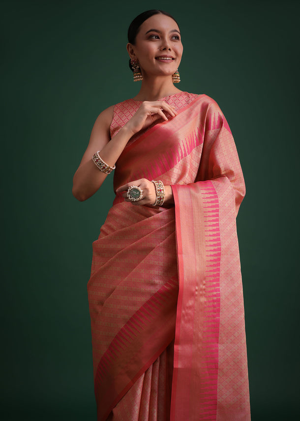 Pink Silk Handloom All Over Jaal Woven Saree