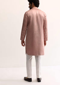 Pink Silk Handwork Kurta Set For Men