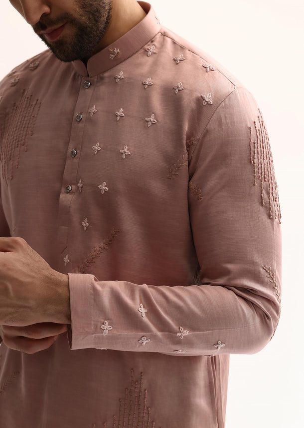 Pink Silk Handwork Kurta Set For Men