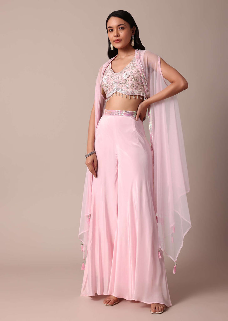 Pink Silk Indowestern Set With Palazzo Pants