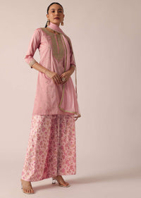 Pink Silk Kurta Palazzo Set With Printed Motifs