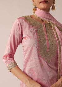 Pink Silk Kurta Palazzo Set With Printed Motifs