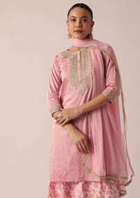 Pink Silk Kurta Palazzo Set With Printed Motifs