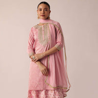 Pink Silk Kurta Palazzo Set With Printed Motifs