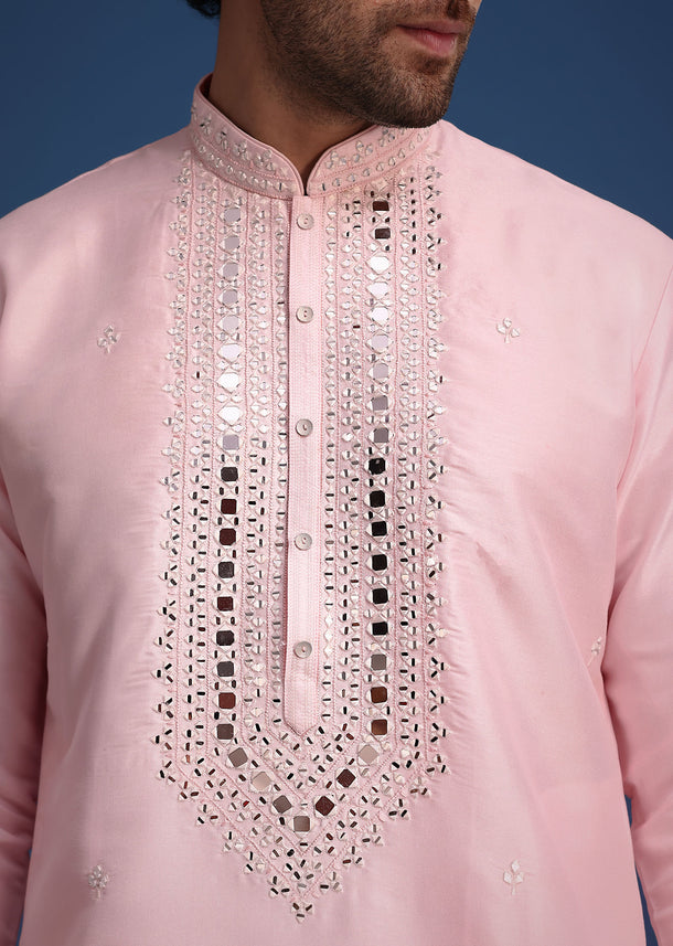 Pink Silk Kurta Set With Mirror Work