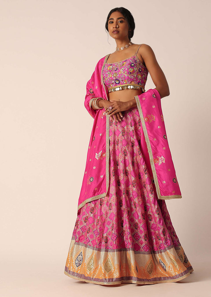 Pink Silk Lehenga Set With Printed Motifs