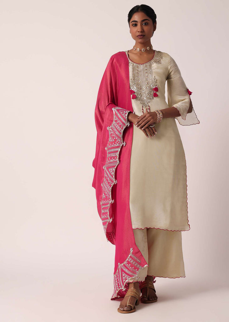 Pink Silk Palazzo Set With Embroidered Kurta