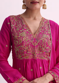 Pink Silk Palazzo Set With Zari Embroidered A-Line Kurta And Dupatta