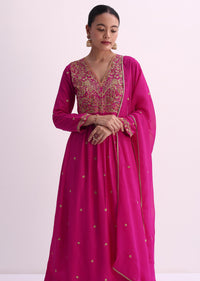 Pink Silk Palazzo Set With Zari Embroidered A-Line Kurta And Dupatta