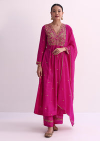 Pink Silk Palazzo Set With Zari Embroidered A-Line Kurta And Dupatta