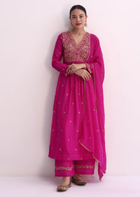 Pink Silk Palazzo Set With Zari Embroidered A-Line Kurta And Dupatta