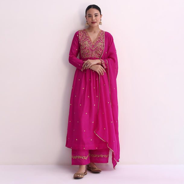 Pink Silk Palazzo Set With Zari Embroidered A-Line Kurta And Dupatta