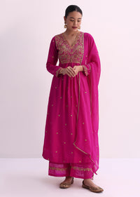 Pink Silk Palazzo Set With Zari Embroidered A-Line Kurta And Dupatta