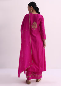 Pink Silk Palazzo Set With Zari Embroidered A-Line Kurta And Dupatta