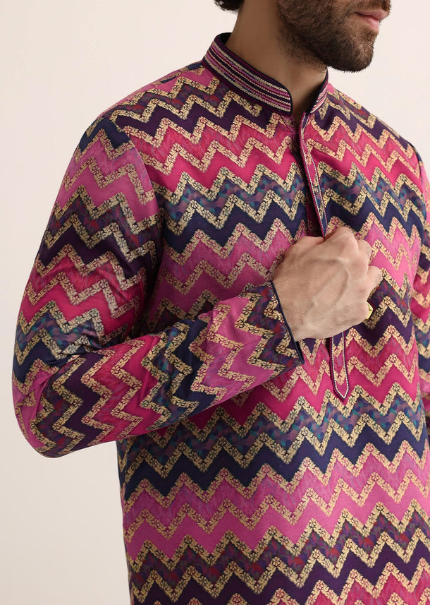 Pink Silk Printed Kurta Set For Men