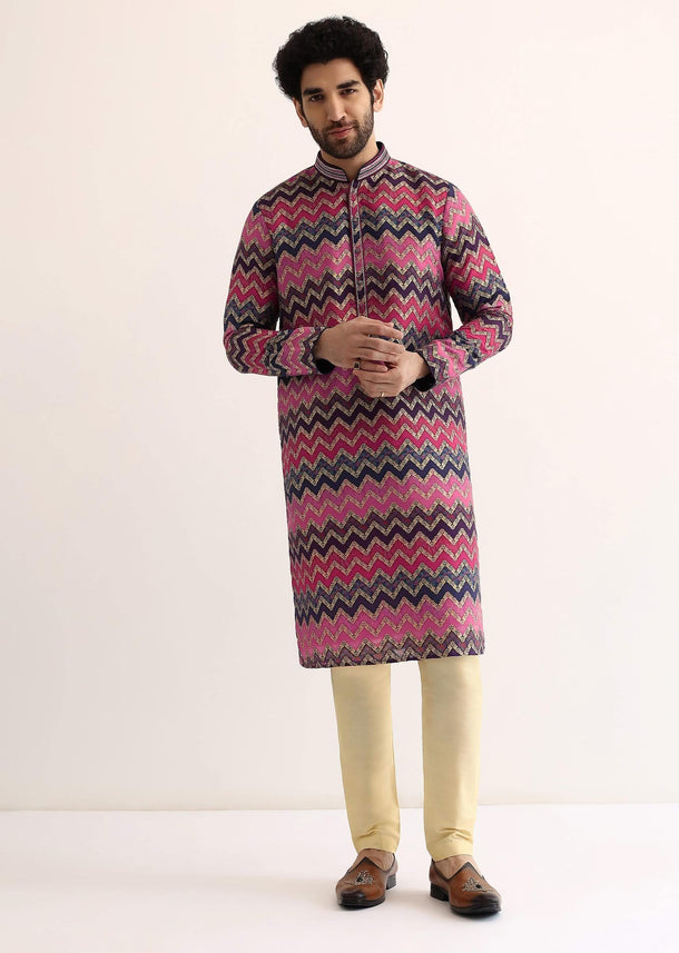 Pink Silk Printed Kurta Set For Men