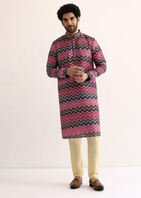Pink Silk Printed Kurta Set For Men