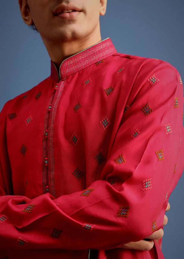 Fuchsia Pink Silk Printed Kurta Set For Men