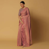 Pink Silk Saree With Zari Stripes And Stitched Blouse