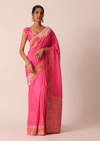 Pink Silk Saree With Meenakari Jaal Work And Unstitched Blouse Piece