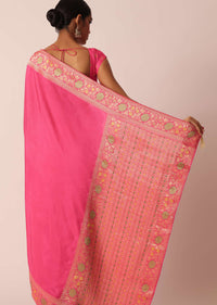 Pink Silk Saree With Meenakari Jaal Work And Unstitched Blouse Piece