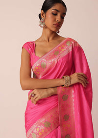 Pink Silk Saree With Meenakari Jaal Work And Unstitched Blouse Piece