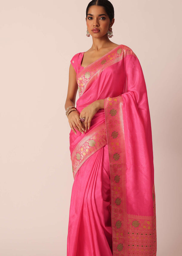 Pink Silk Saree With Meenakari Jaal Work And Unstitched Blouse Piece