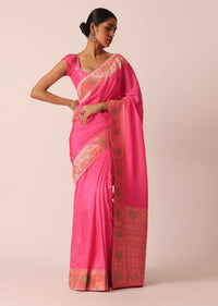 Pink Silk Saree With Meenakari Jaal Work And Unstitched Blouse Piece