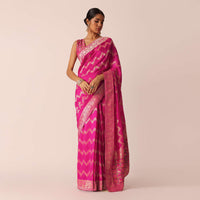 Pink Silk Saree with Zari Zig Zag Detail And Unstitched Blouse Piece