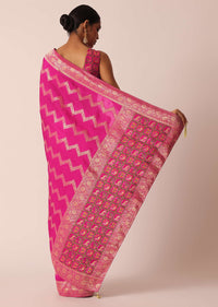 Pink Silk Saree with Zari Zig Zag Detail And Unstitched Blouse Piece