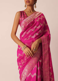 Pink Silk Saree with Zari Zig Zag Detail And Unstitched Blouse Piece