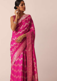 Pink Silk Saree with Zari Zig Zag Detail And Unstitched Blouse Piece