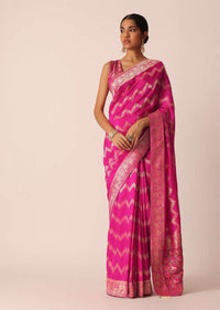 Pink Silk Saree with Zari Zig Zag Detail And Unstitched Blouse Piece