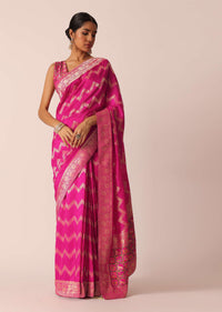 Pink Silk Saree with Zari Zig Zag Detail And Unstitched Blouse Piece