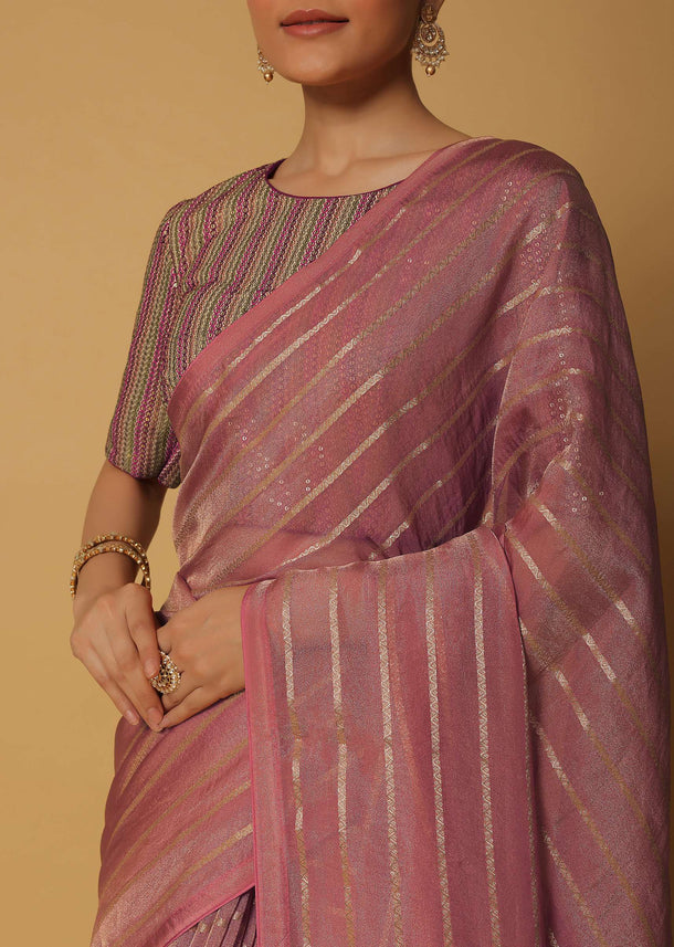 Pink Silk Saree With Zari Stripes And Stitched Blouse